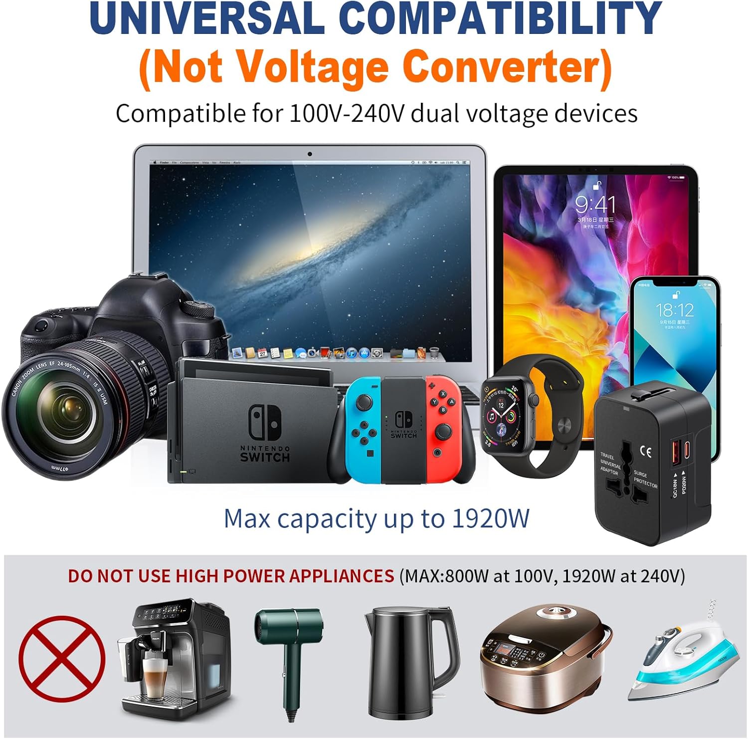 Universal Travel Adapter USB C, All in One Worldwide Plug Adapter, Black | Fast Charge GaN PD3.0, Type C USB-A Quick Charging, International Wall Charger, AC Power Outlet Converters, for USA EU UK AUS — photo 7