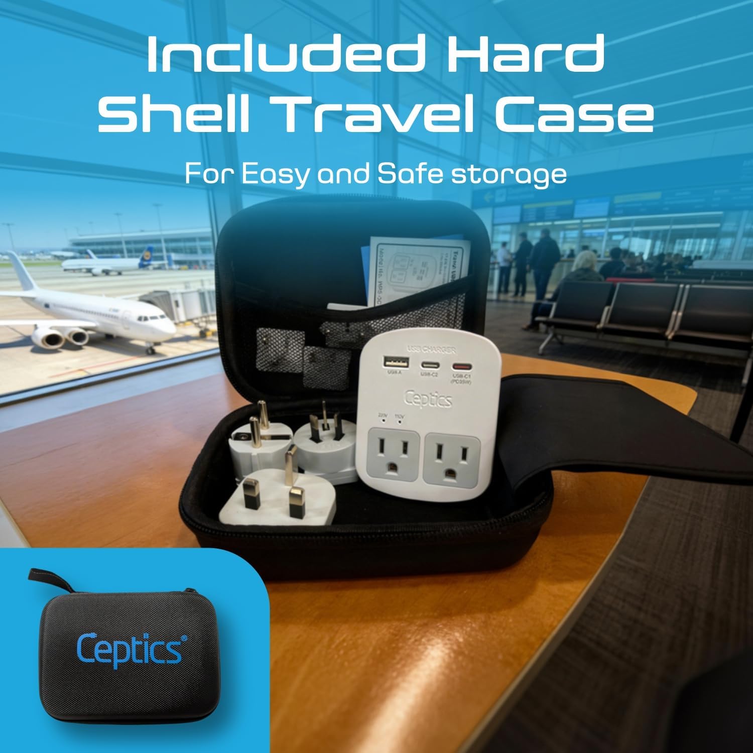 Ceptics 35W Universal Travel Adapter Kit – 2 USA sockets, USB-A, USBC, 1x PD 35W USB-C and USBC Cable, Surge Protected, Plugs for EU, UK, China, AU, Japan - for Laptop, Phone, Camera-ETL Tested — photo 2