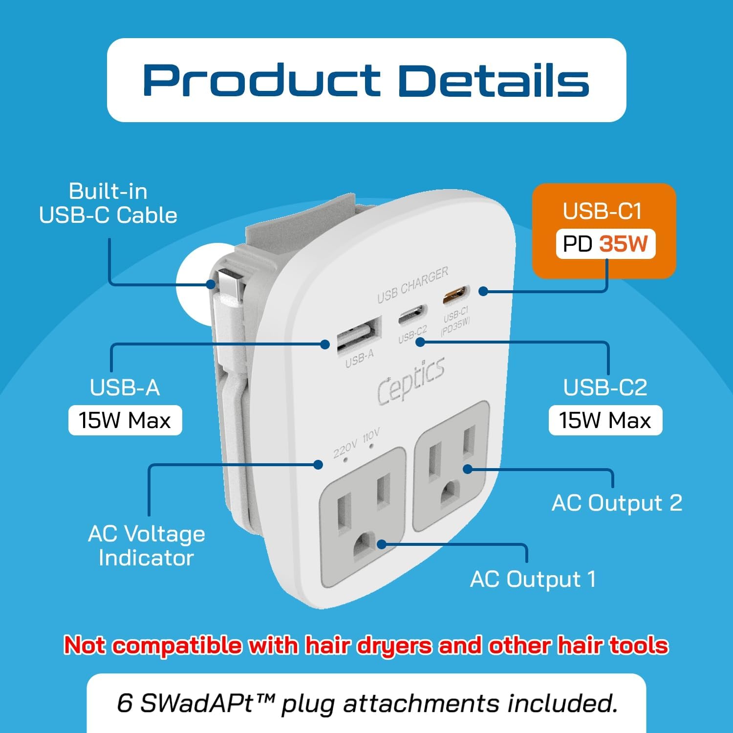 Ceptics 35W Universal Travel Adapter Kit – 2 USA sockets, USB-A, USBC, 1x PD 35W USB-C and USBC Cable, Surge Protected, Plugs for EU, UK, China, AU, Japan - for Laptop, Phone, Camera-ETL Tested — photo 3