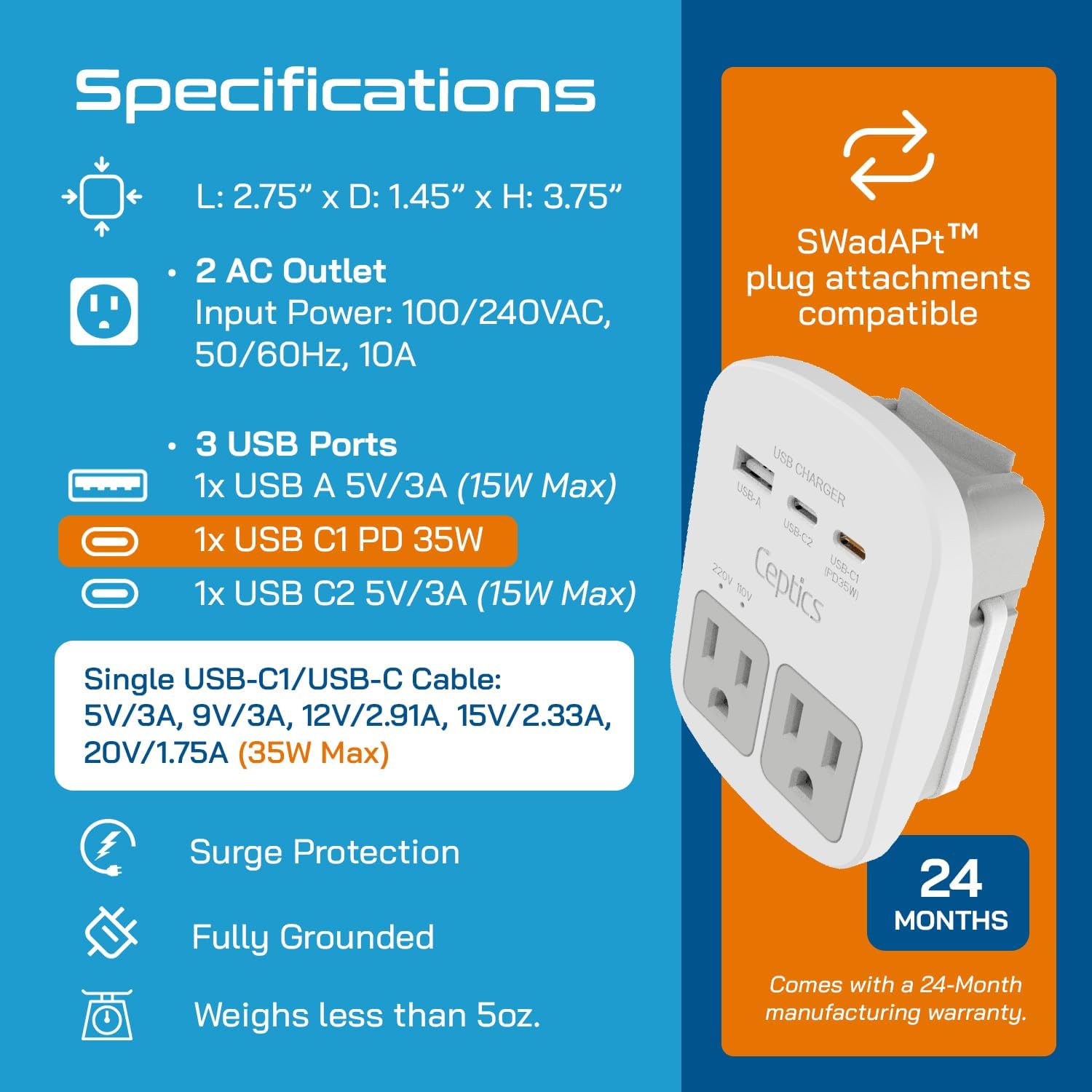 Ceptics 35W Universal Travel Adapter Kit – 2 USA sockets, USB-A, USBC, 1x PD 35W USB-C and USBC Cable, Surge Protected, Plugs for EU, UK, China, AU, Japan - for Laptop, Phone, Camera-ETL Tested — photo 5