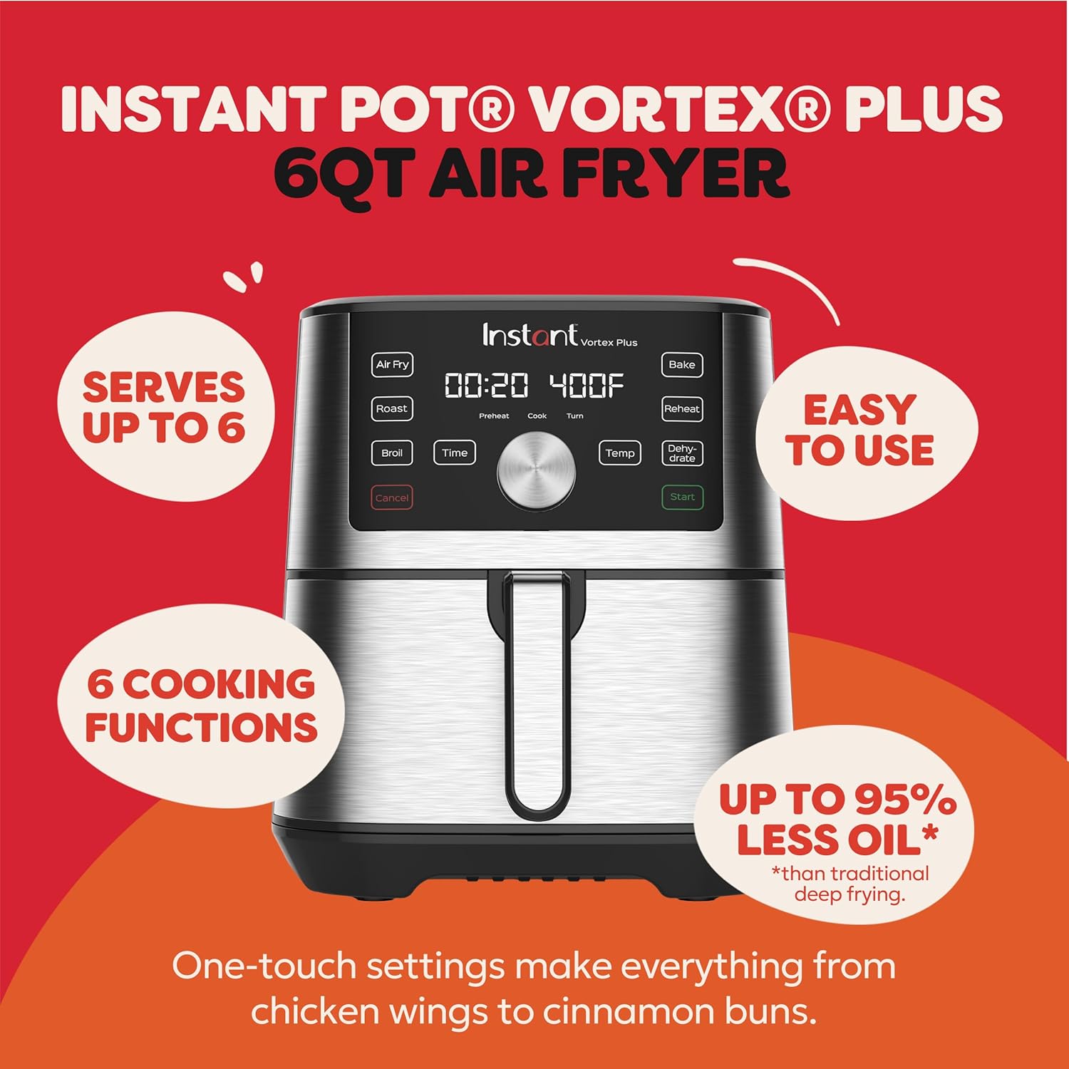 Instant Pot 6QT VORTEX Plus Air Fryer, 6-in-1, Air Fry, Broil, Dehydrate, Crisp, Roast, Reheat, Bake, Dishwasher-Safe Airfryer basket, from the Makers of Instant Pot, Stainless Steel — photo 2