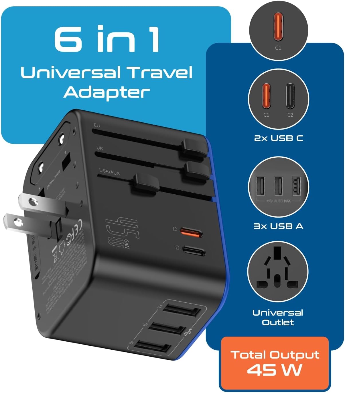 Ceptics 45W Universal Travel Adapter w/ 3 USB-A, 2 USB-C & Universal Input | International Power Adapter, Type A, C, G & I Plugs, Universal Socket for Global Compatibility, PD 45W Fast Charge — photo 2
