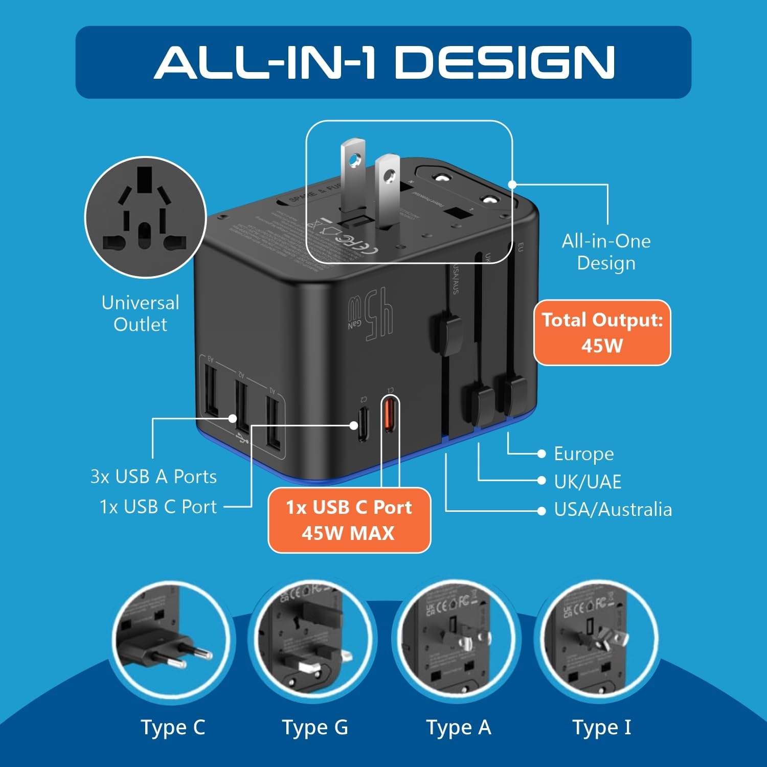 Ceptics 45W Universal Travel Adapter w/ 3 USB-A, 2 USB-C & Universal Input | International Power Adapter, Type A, C, G & I Plugs, Universal Socket for Global Compatibility, PD 45W Fast Charge — photo 3