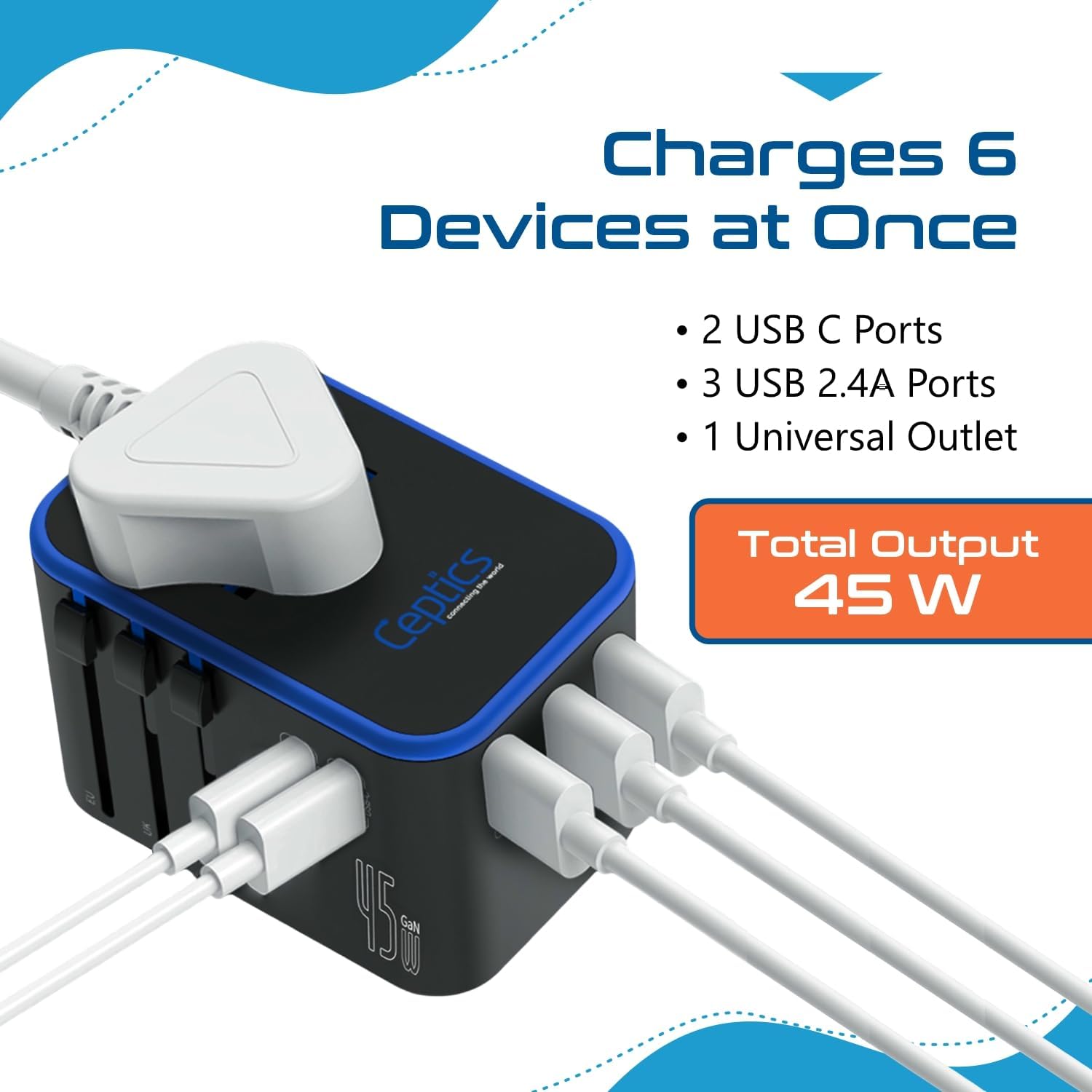Ceptics 45W Universal Travel Adapter w/ 3 USB-A, 2 USB-C & Universal Input | International Power Adapter, Type A, C, G & I Plugs, Universal Socket for Global Compatibility, PD 45W Fast Charge — photo 4