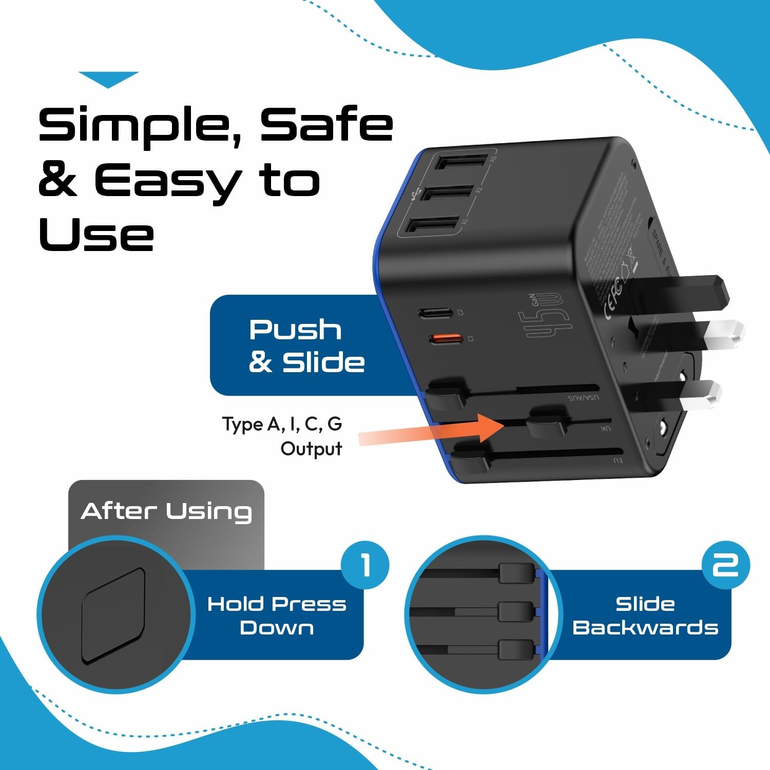 Ceptics 45W Universal Travel Adapter w/ 3 USB-A, 2 USB-C & Universal Input | International Power Adapter, Type A, C, G & I Plugs, Universal Socket for Global Compatibility, PD 45W Fast Charge — photo 5