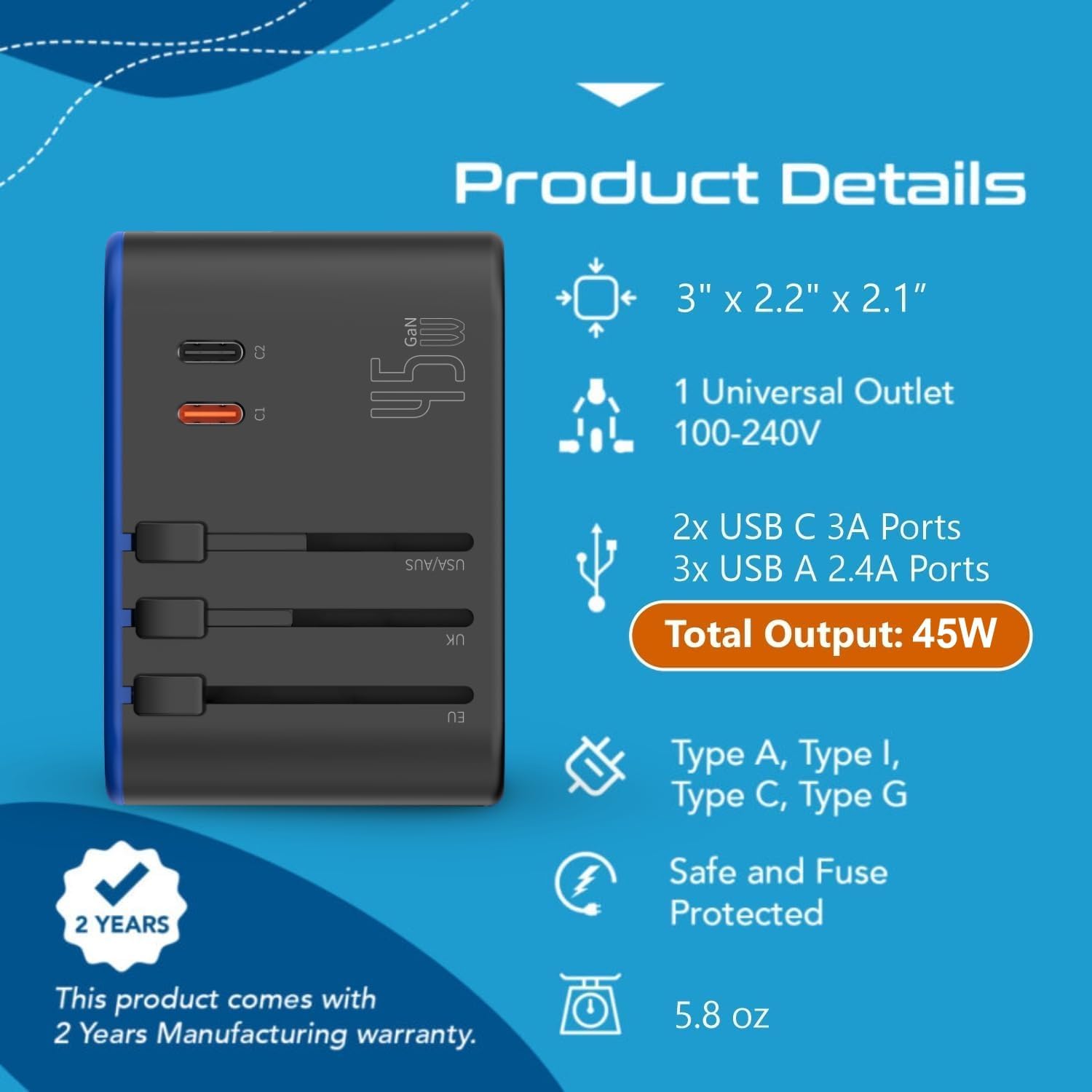 Ceptics 45W Universal Travel Adapter w/ 3 USB-A, 2 USB-C & Universal Input | International Power Adapter, Type A, C, G & I Plugs, Universal Socket for Global Compatibility, PD 45W Fast Charge — photo 6
