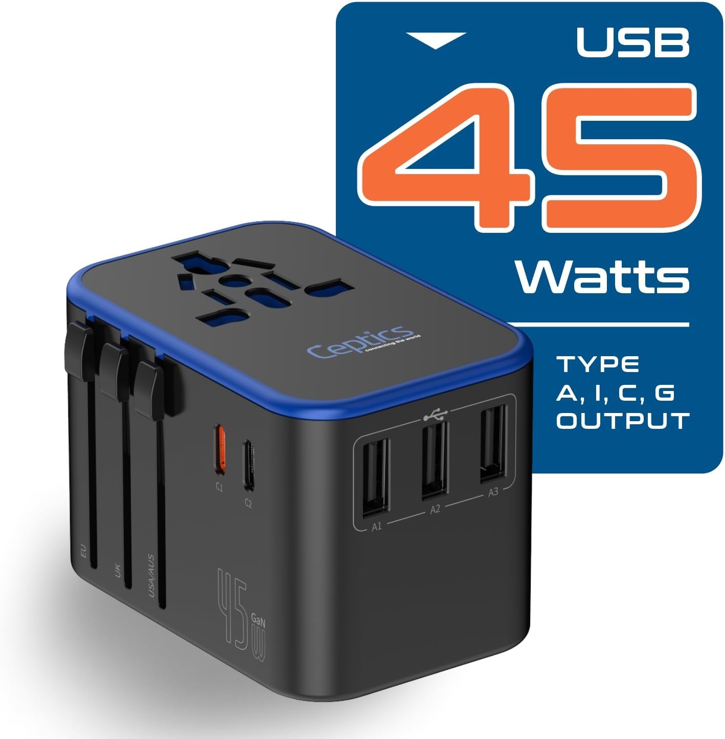 Ceptics 45W Universal Travel Adapter w/ 3 USB-A, 2 USB-C & Universal Input | International Power Adapter, Type A, C, G & I Plugs, Universal Socket for Global Compatibility, PD 45W Fast Charge — photo 7