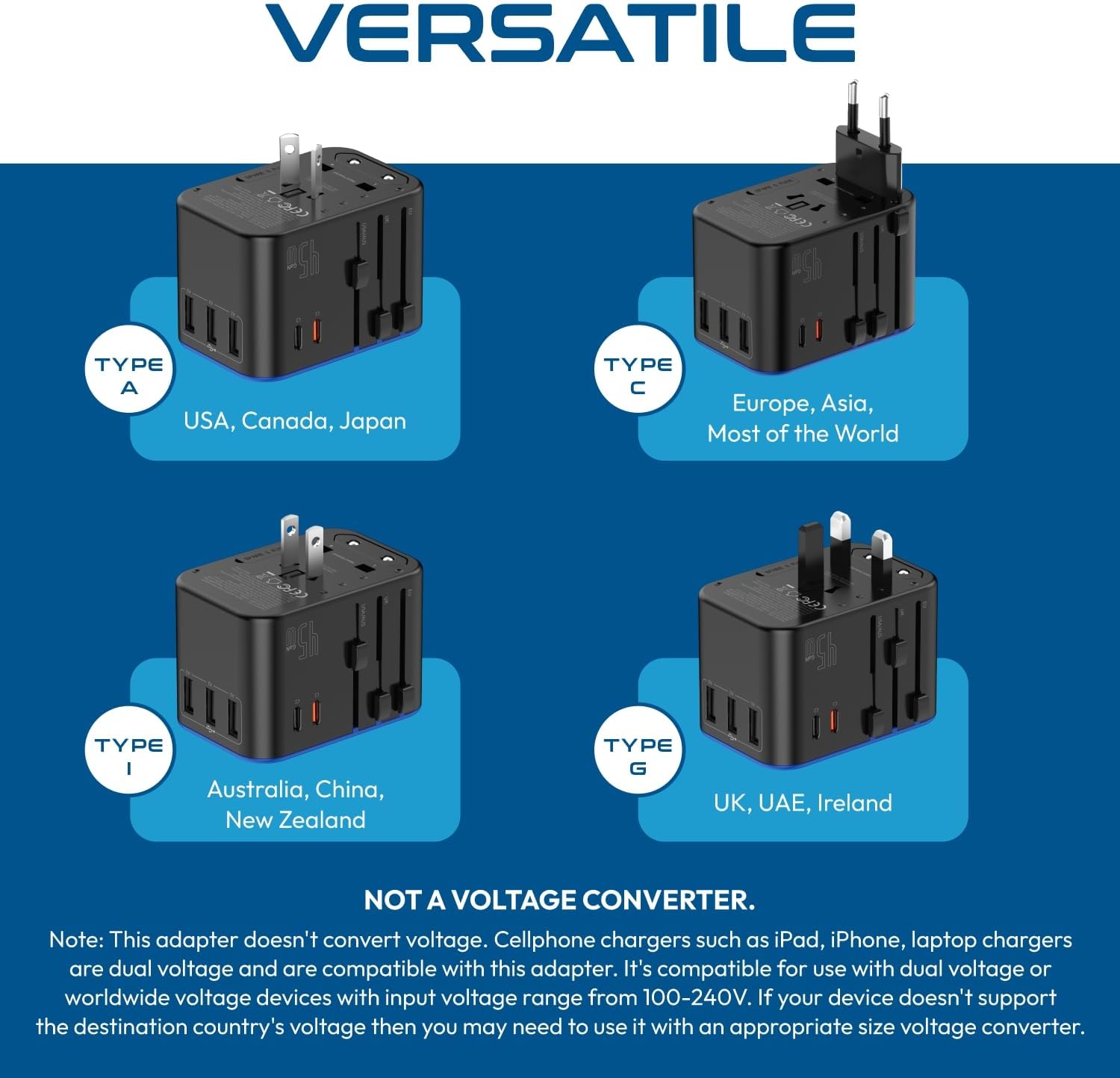 Ceptics 45W Universal Travel Adapter w/ 3 USB-A, 2 USB-C & Universal Input | International Power Adapter, Type A, C, G & I Plugs, Universal Socket for Global Compatibility, PD 45W Fast Charge — photo 8