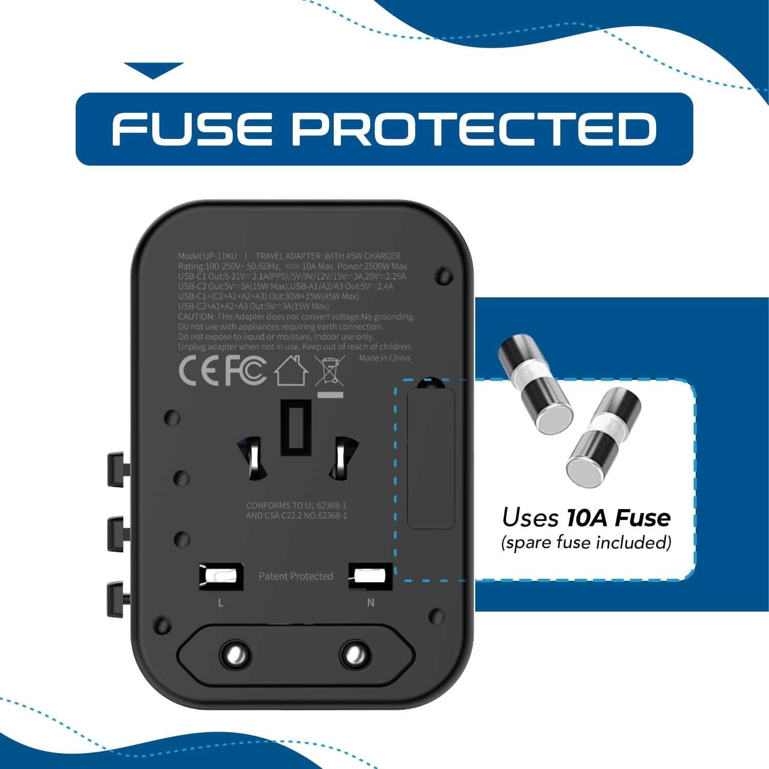 Ceptics 45W Universal Travel Adapter w/ 3 USB-A, 2 USB-C & Universal Input | International Power Adapter, Type A, C, G & I Plugs, Universal Socket for Global Compatibility, PD 45W Fast Charge — photo 9