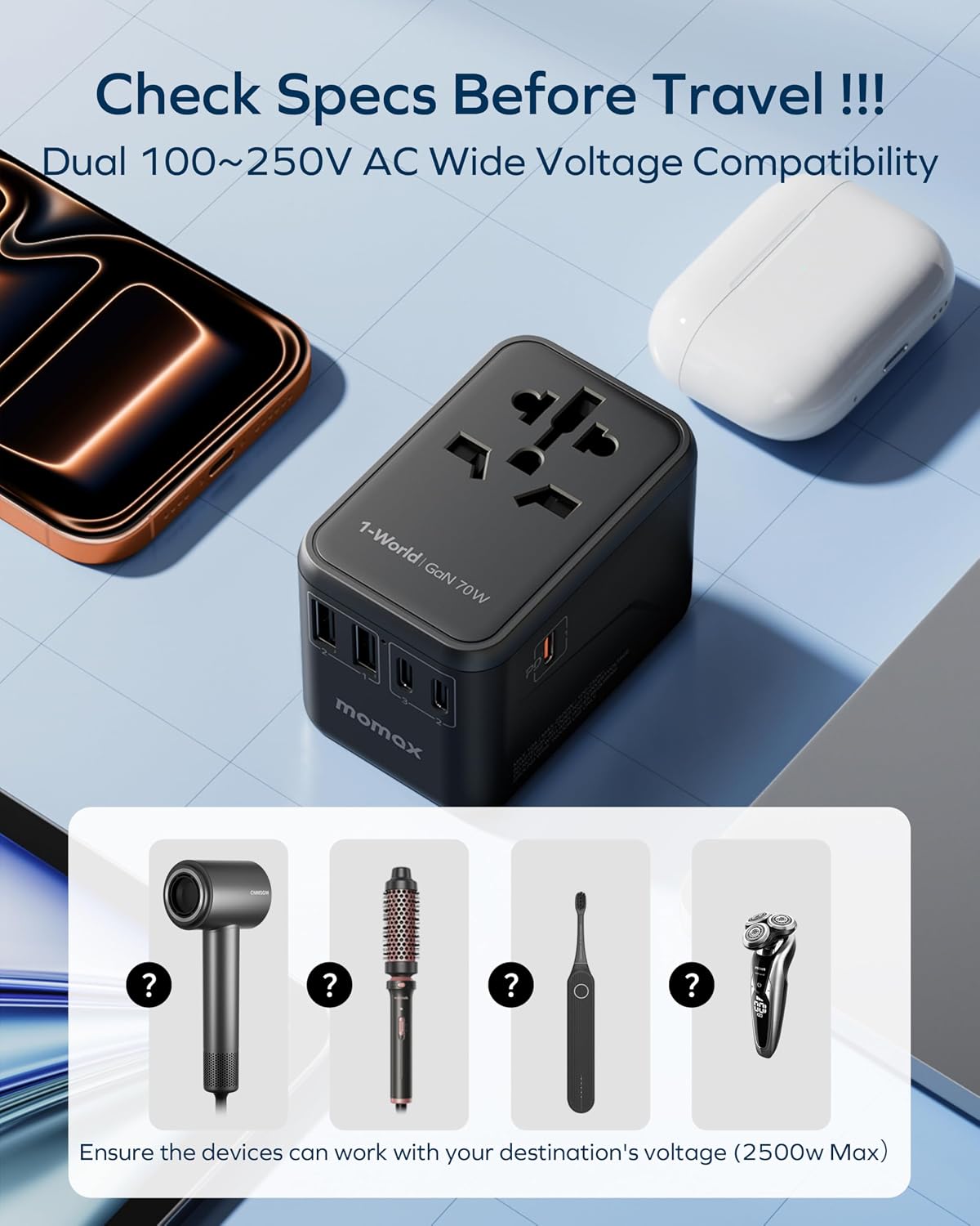 MOMAX 70W GaN Universal Travel Adapter, All-in-One Travel Charging | UK/EU/US/AU/JP Compatible Travel Essential, 3 USB-C PD Ports & 2 USB-A Ports for Laptop, Phone & More — photo 9