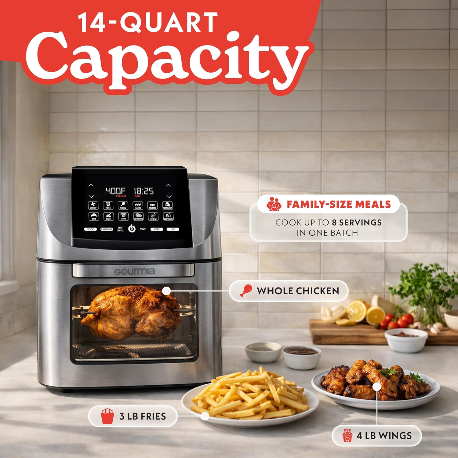 Gourmia Air Fryer - 14 Qt All-in-One Rotisserie Oven with Digital Display, 12 Presets, Roast, Bake, Broil, Dehydrate, Dishwasher Safe Accessories, Stainless Steel — photo 4
