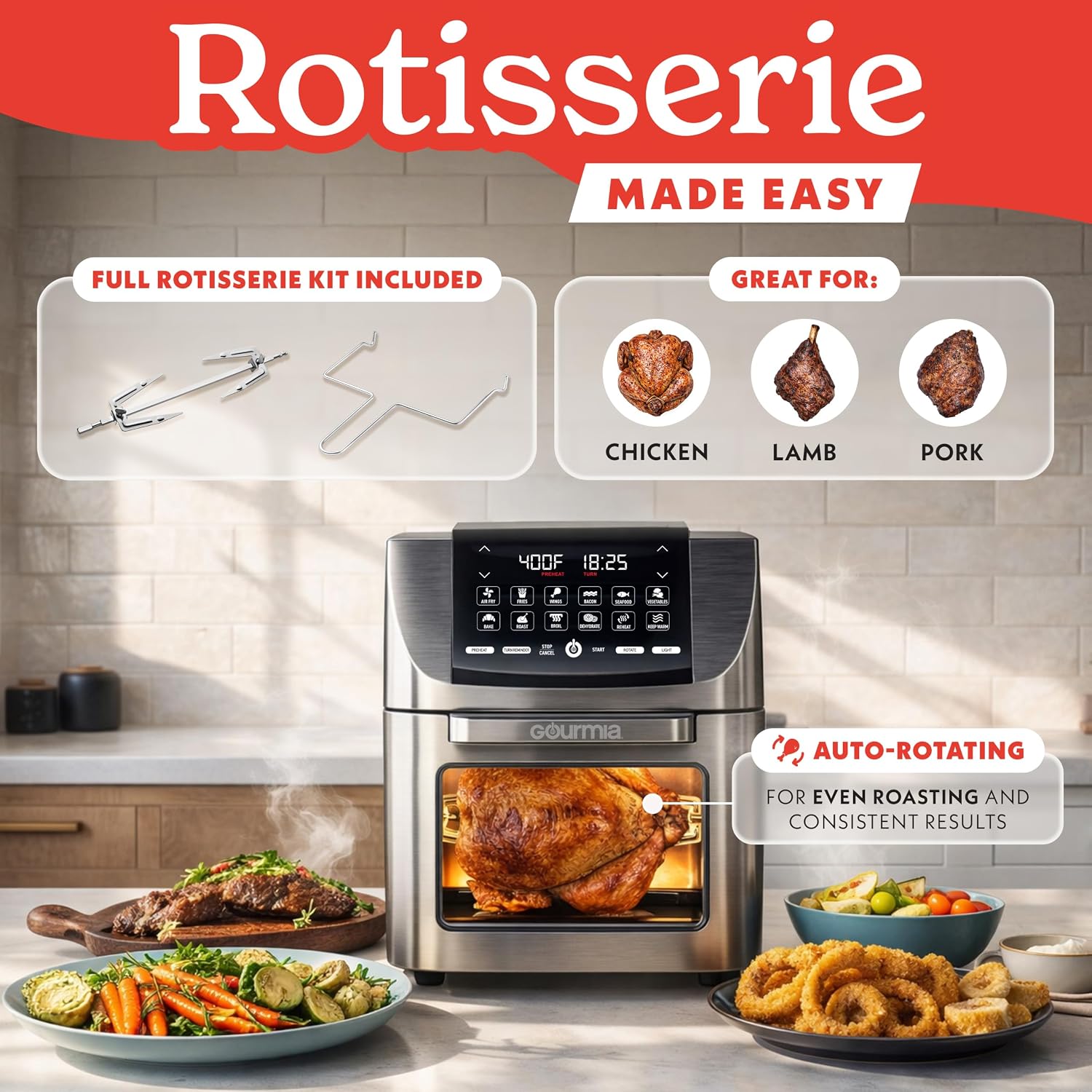Gourmia Air Fryer - 14 Qt All-in-One Rotisserie Oven with Digital Display, 12 Presets, Roast, Bake, Broil, Dehydrate, Dishwasher Safe Accessories, Stainless Steel — photo 7