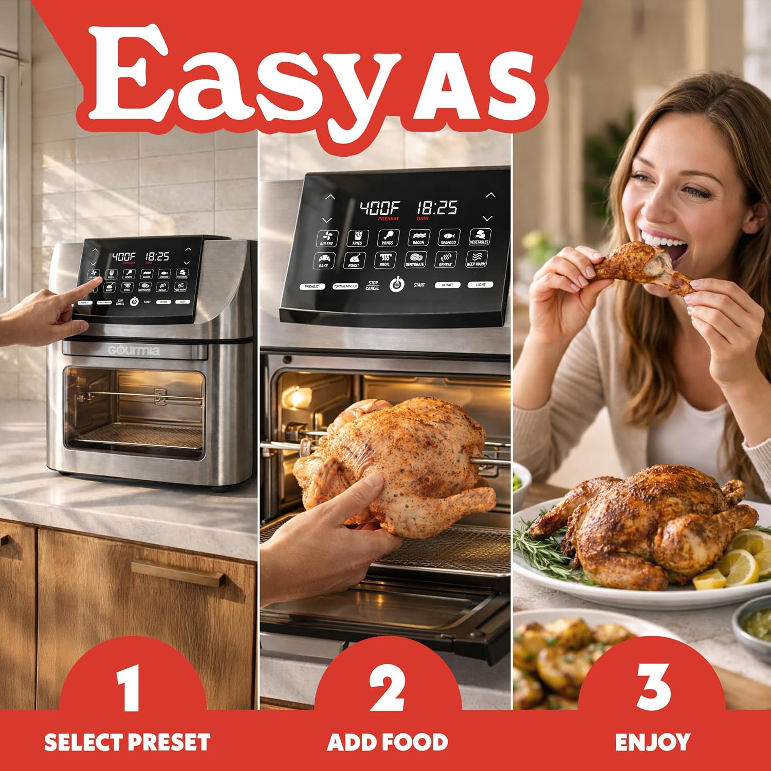 Gourmia Air Fryer - 14 Qt All-in-One Rotisserie Oven with Digital Display, 12 Presets, Roast, Bake, Broil, Dehydrate, Dishwasher Safe Accessories, Stainless Steel — photo 8