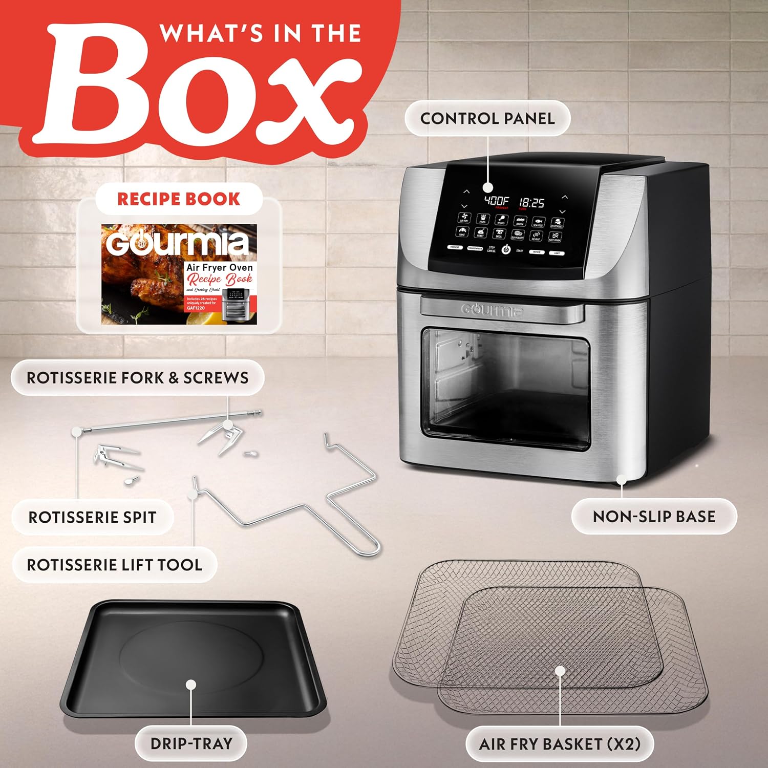 Gourmia Air Fryer - 14 Qt All-in-One Rotisserie Oven with Digital Display, 12 Presets, Roast, Bake, Broil, Dehydrate, Dishwasher Safe Accessories, Stainless Steel — photo 9