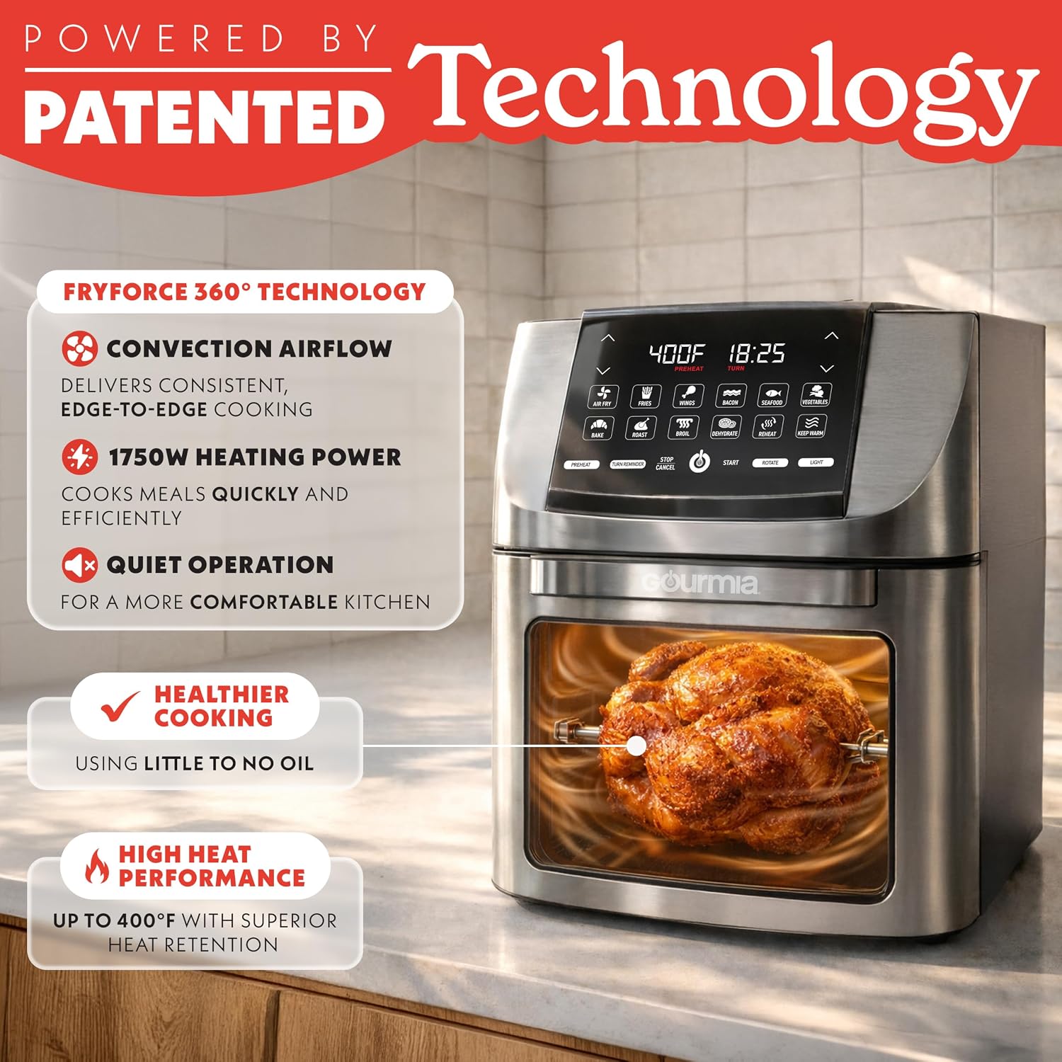 Gourmia Air Fryer - 14 Qt All-in-One Rotisserie Oven with Digital Display, 12 Presets, Roast, Bake, Broil, Dehydrate, Dishwasher Safe Accessories, Stainless Steel — photo 10