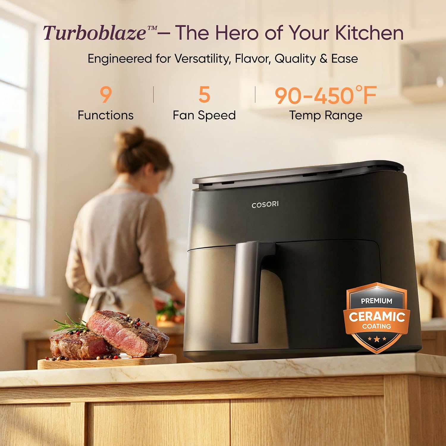 Cosori TurboBlaze Air Fryer, 9-in-1, 6 Qt, PFAS-Free Ceramic Coating | 90°–450°F, 5 Level Fan Speeds, 9 in 1 Air Fry, Roast, Bake, Broil, Dry, Frozen, Proof, Reheat, Keep Warm, Safety lock, 1725W — photo 2