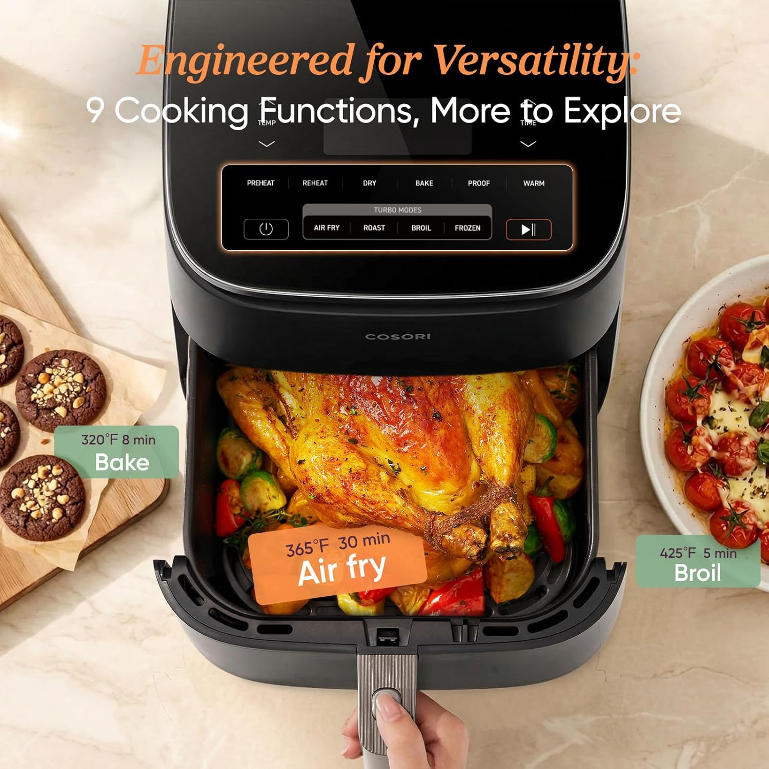 Cosori TurboBlaze Air Fryer, 9-in-1, 6 Qt, PFAS-Free Ceramic Coating | 90°–450°F, 5 Level Fan Speeds, 9 in 1 Air Fry, Roast, Bake, Broil, Dry, Frozen, Proof, Reheat, Keep Warm, Safety lock, 1725W — photo 3