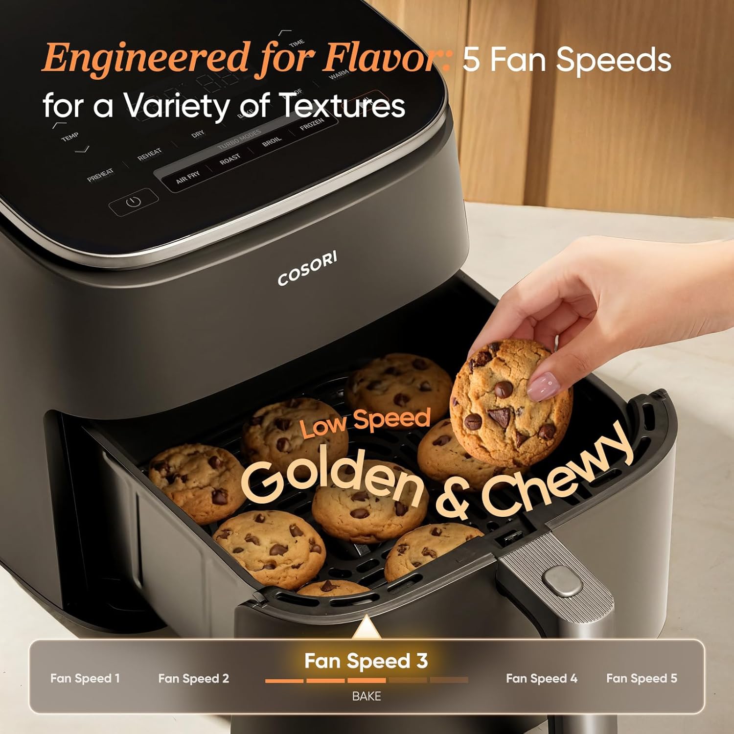 Cosori TurboBlaze Air Fryer, 9-in-1, 6 Qt, PFAS-Free Ceramic Coating | 90°–450°F, 5 Level Fan Speeds, 9 in 1 Air Fry, Roast, Bake, Broil, Dry, Frozen, Proof, Reheat, Keep Warm, Safety lock, 1725W — photo 5