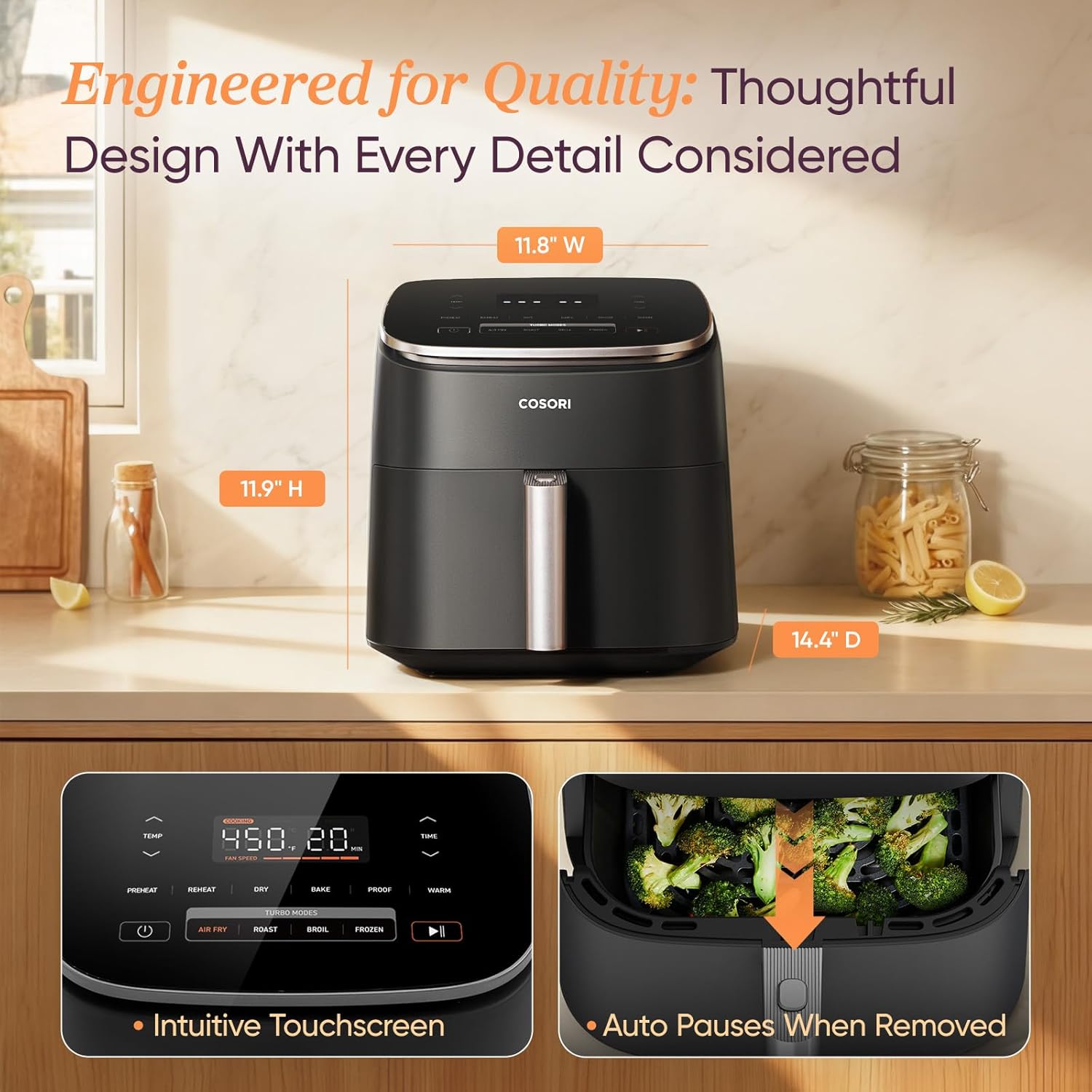 Cosori TurboBlaze Air Fryer, 9-in-1, 6 Qt, PFAS-Free Ceramic Coating | 90°–450°F, 5 Level Fan Speeds, 9 in 1 Air Fry, Roast, Bake, Broil, Dry, Frozen, Proof, Reheat, Keep Warm, Safety lock, 1725W — photo 7