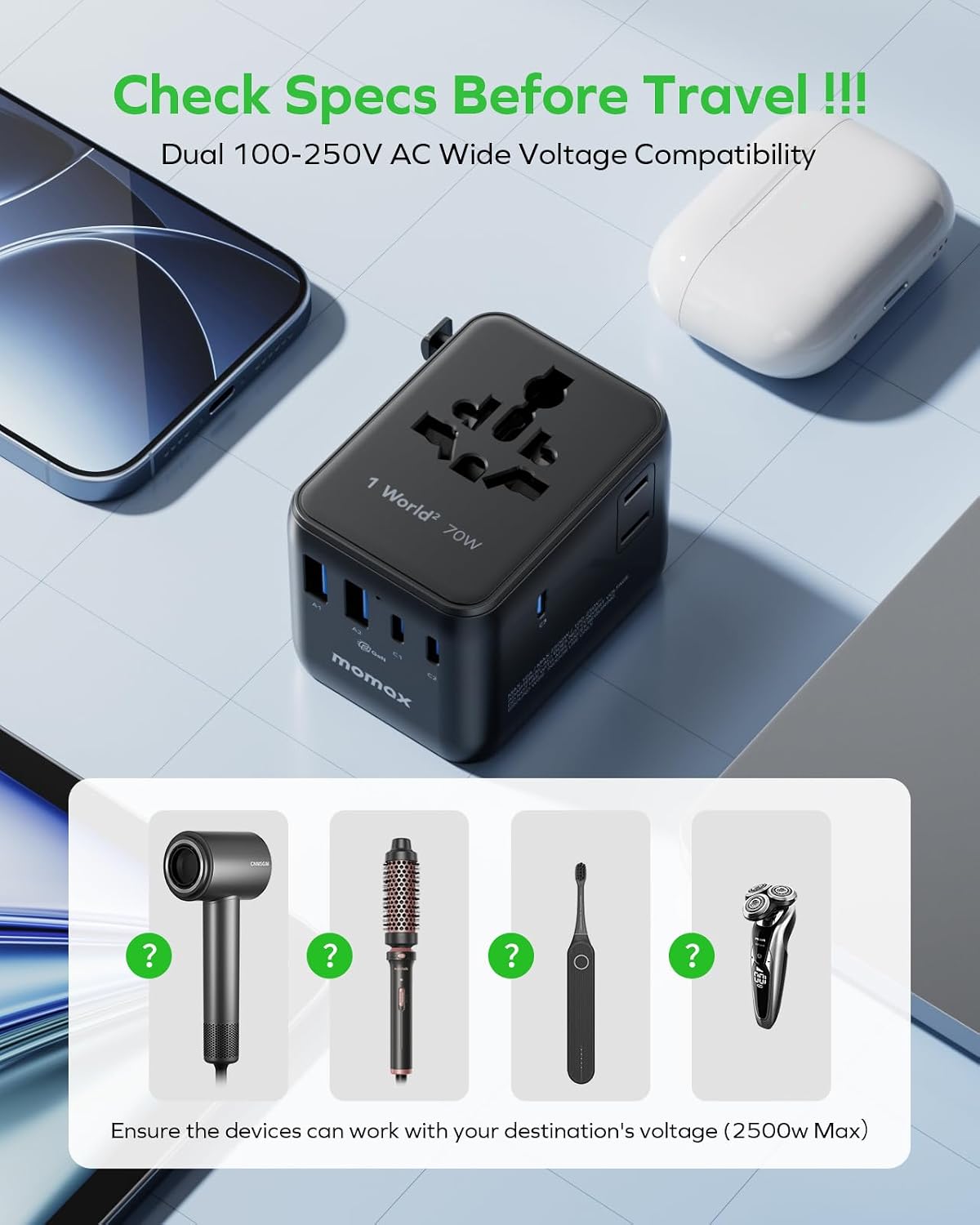 MOMAX 70W Universal Travel Adapter 7-in-1 GaN International Power Adapter — photo 9