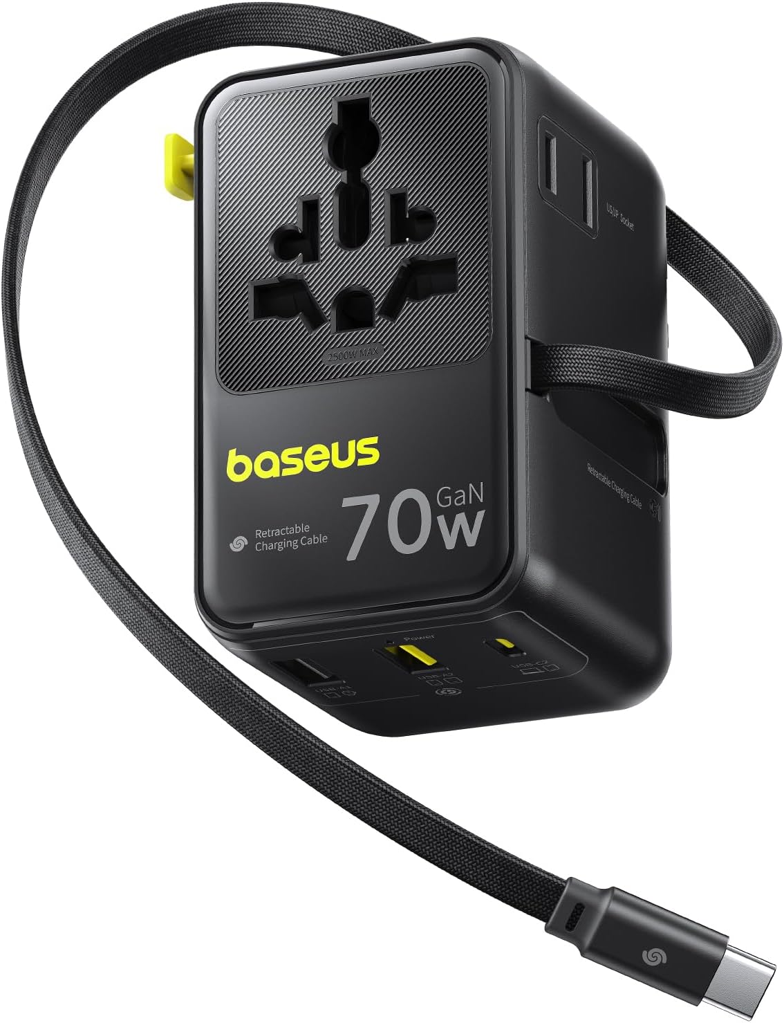 Baseus 70W Universal Travel Adapter, 6-in-1 International Plug Adapter with Retractable Cable, USB-C PD Fast Charging Worldwide Wall Charger for USA/EU/UK/AUS and Over 200 Countries - Enercore CG11