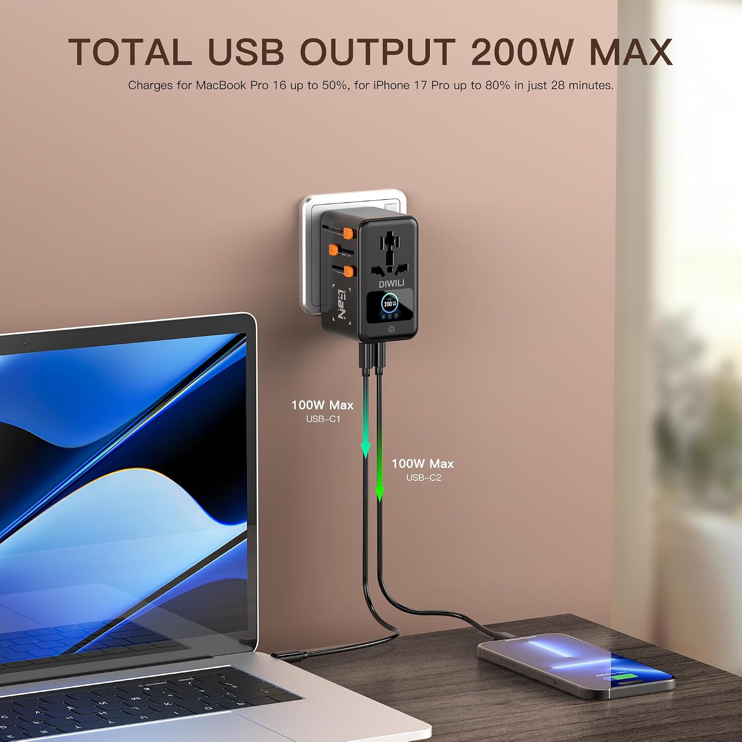 DIWILI 200W GaN Universal Travel Adapter with Smart Display for EU/US/UK | USB-C Fast Charging for MacBook iPhone Laptop, 1AC/3USB-C/1USB-A, International Power Adapter for 200+ Countries Travel — photo 4