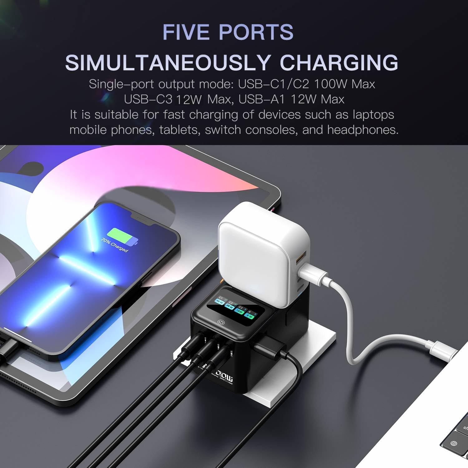 DIWILI 200W GaN Universal Travel Adapter with Smart Display for EU/US/UK | USB-C Fast Charging for MacBook iPhone Laptop, 1AC/3USB-C/1USB-A, International Power Adapter for 200+ Countries Travel — photo 5