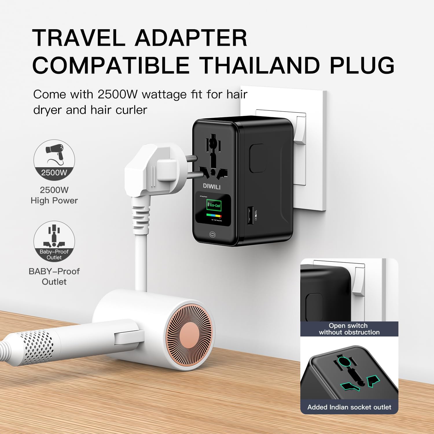 DIWILI 200W GaN Universal Travel Adapter with Smart Display for EU/US/UK | USB-C Fast Charging for MacBook iPhone Laptop, 1AC/3USB-C/1USB-A, International Power Adapter for 200+ Countries Travel — photo 7