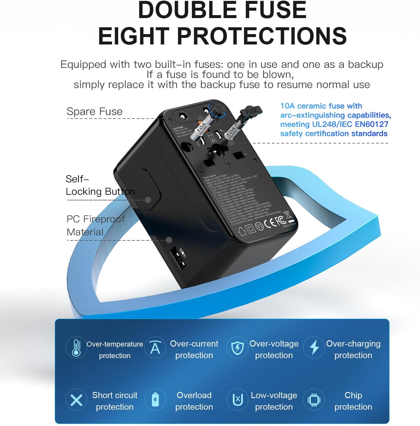 DIWILI 200W GaN Universal Travel Adapter with Smart Display for EU/US/UK | USB-C Fast Charging for MacBook iPhone Laptop, 1AC/3USB-C/1USB-A, International Power Adapter for 200+ Countries Travel — photo 8