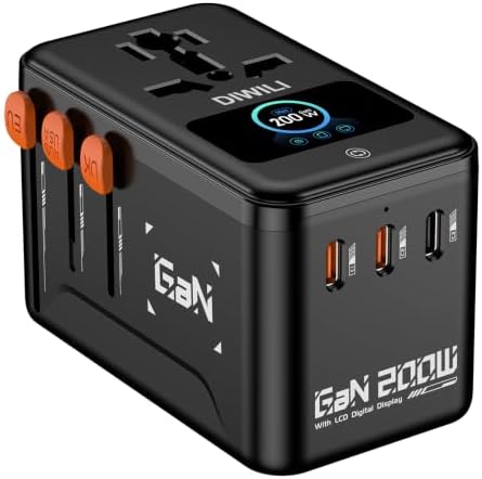 DIWILI 200W GaN Universal Travel Adapter with Smart Display for EU/US/UK | USB-C Fast Charging for MacBook iPhone Laptop, 1AC/3USB-C/1USB-A, International Power Adapter for 200+ Countries Travel — photo 9